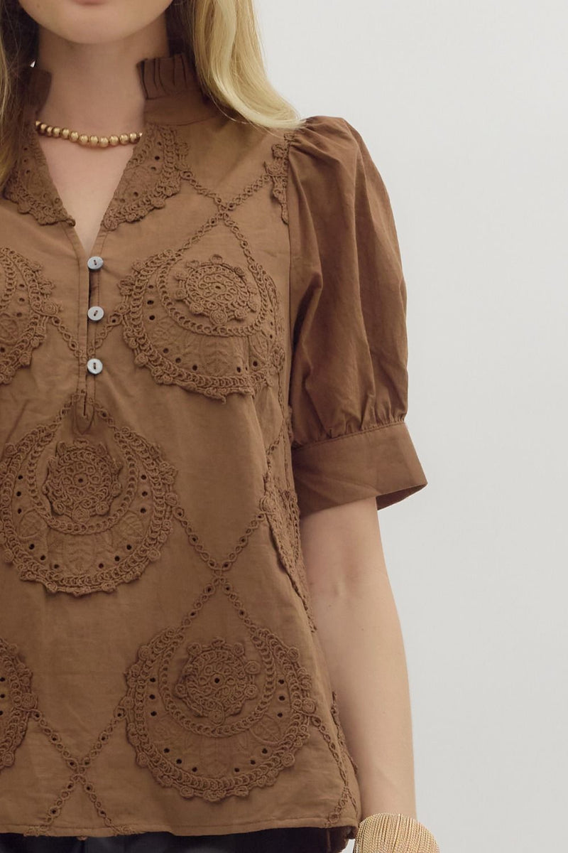 Embroidered Applique Accent Button Neck Top Brown