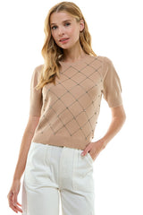 Crystal Diamond Pattern Short Sleeve Sweater Taupe