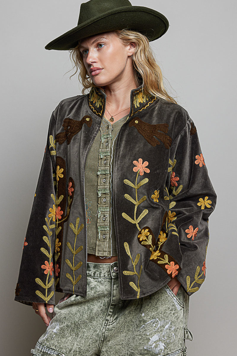 Embroidered Cactus Floral Velvet Jacket Charcoal