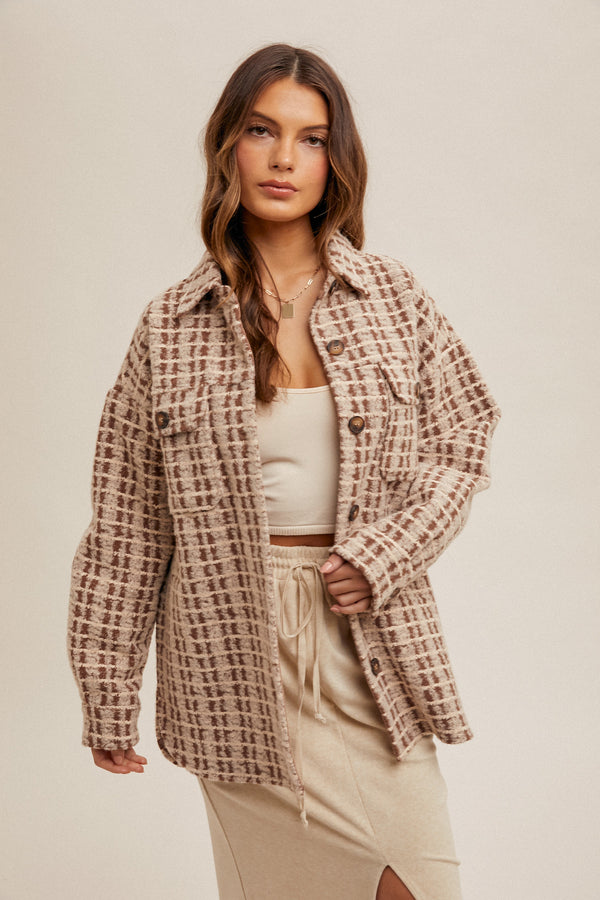 Boucle Textured Checker Print Shacket Coffee