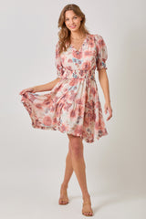 Painted Floral Ruffle Detail Short Sleeve Dress Ivory + Washed Red