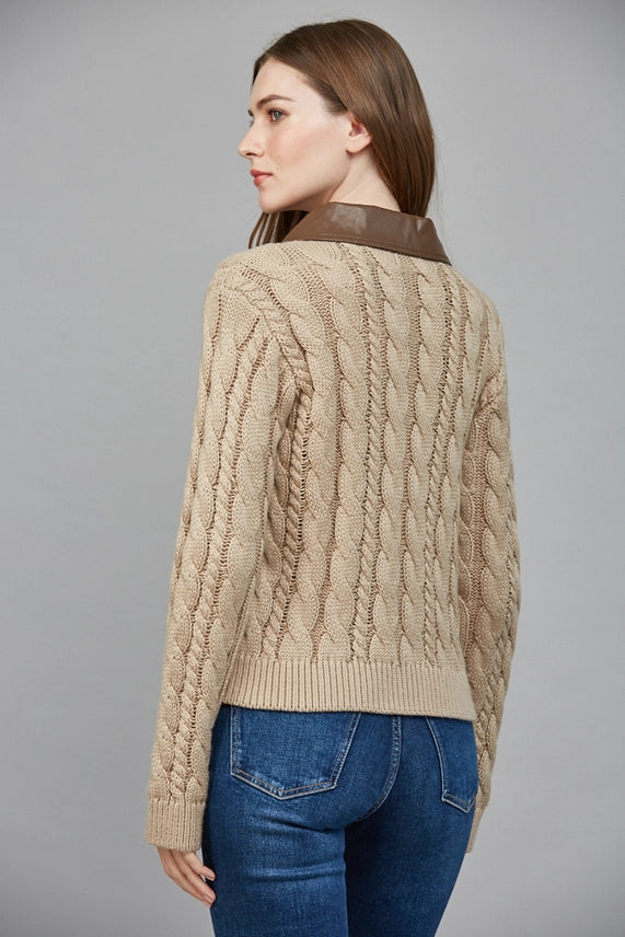 Faux Leather Trim Knit Front Zip Sweater Jacket Taupe