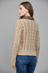 Faux Leather Trim Knit Front Zip Sweater Jacket Taupe