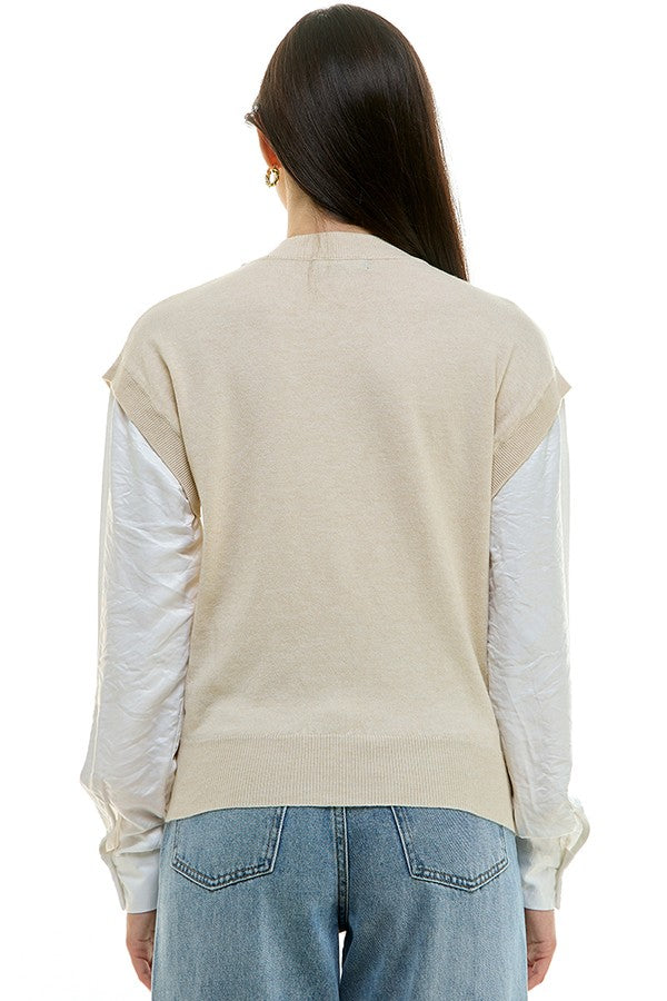 Crystal Dangle Neckline Twofer Sweater Top Chalk
