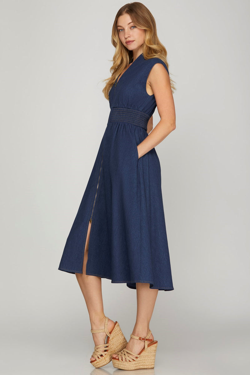 Smocked Waist Washed Denim Front Zip Midi Dress Denim Blue