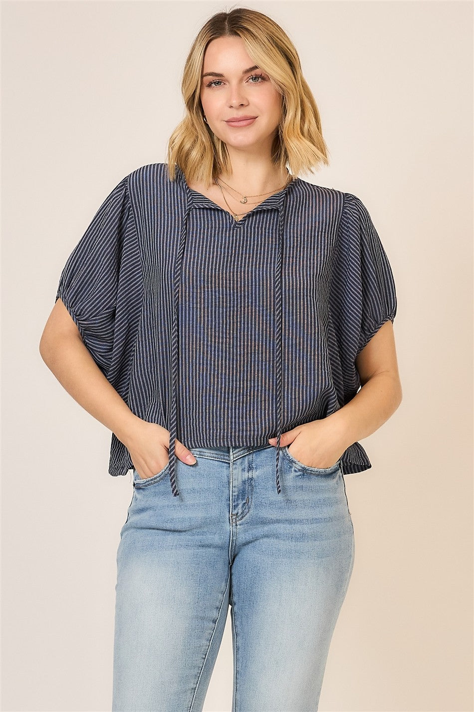 Striped Dolman Neck Tie Balloon Sleeve Top Navy