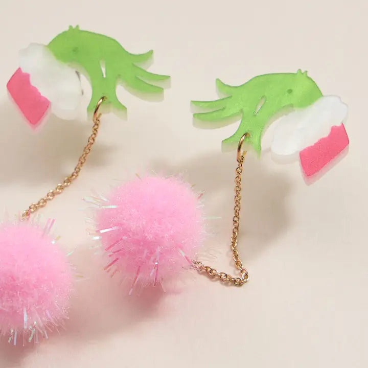 Grinch Hand Pom Pom Dangle Earrings - Pink