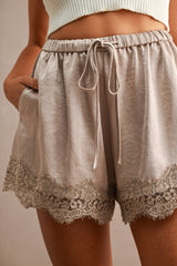 Floral Lace Trim Drawstring Satin Shorts Taupe