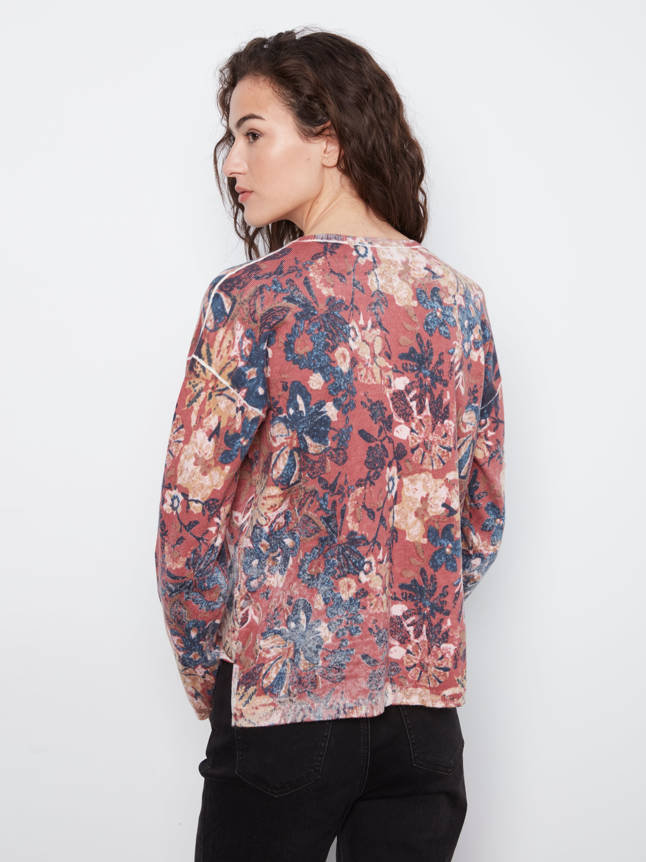Reverse Print Floral Vneck Sweater Passion