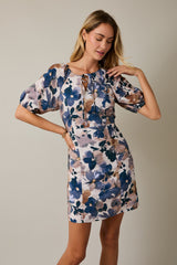 Tied Neckline Floral Elastic Back Mini Dress White Multi