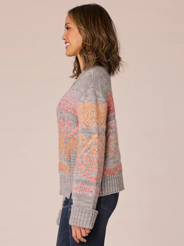 Straight Rib Hem Jacquard Double Banded Sweater Heather Grey + Golden Orange