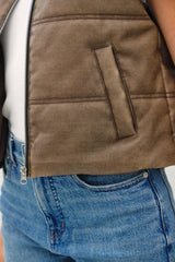 Distressed Leather Puffer Vest Brown