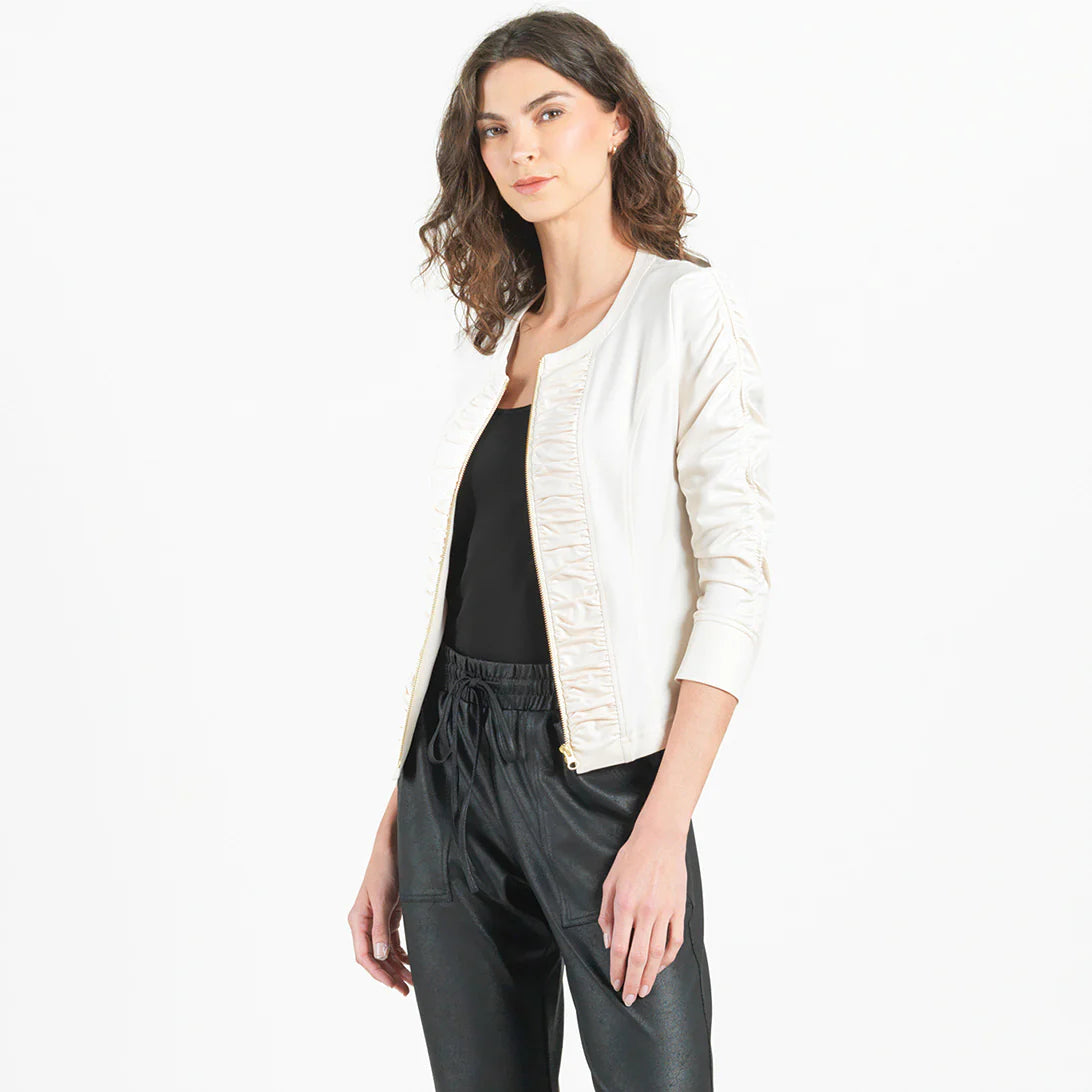 Ruched Details Liquid Leather Jacket Ivory