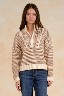Natural and Cream 1/4 Zip Open Weave Sweater Natural