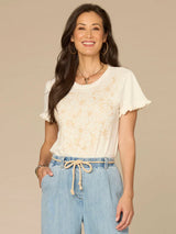 Embroidered Knit Short Sleeve Top Blanched Almond