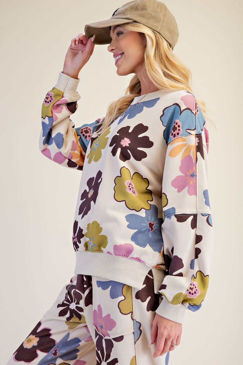 Floral Print Washed Terry Pullover Khaki