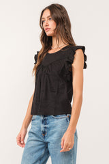 Anelia Shirred Yoke Flutter Top Black