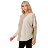Colorblock Dolman Sleeve Zipper Top Ivory + Taupe