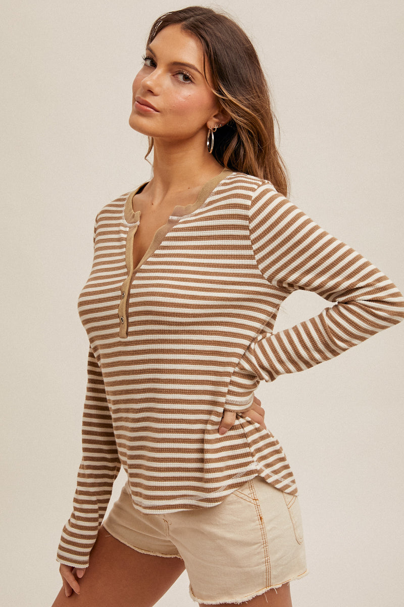 Snow Wash Stripe Henley Top Taupe