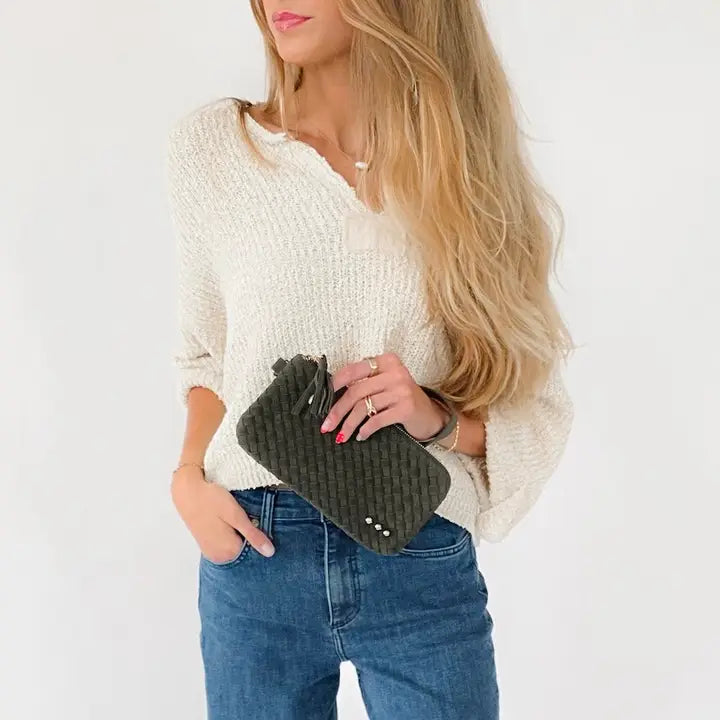 Suede Emma Woven Clutch Wristlet Olive