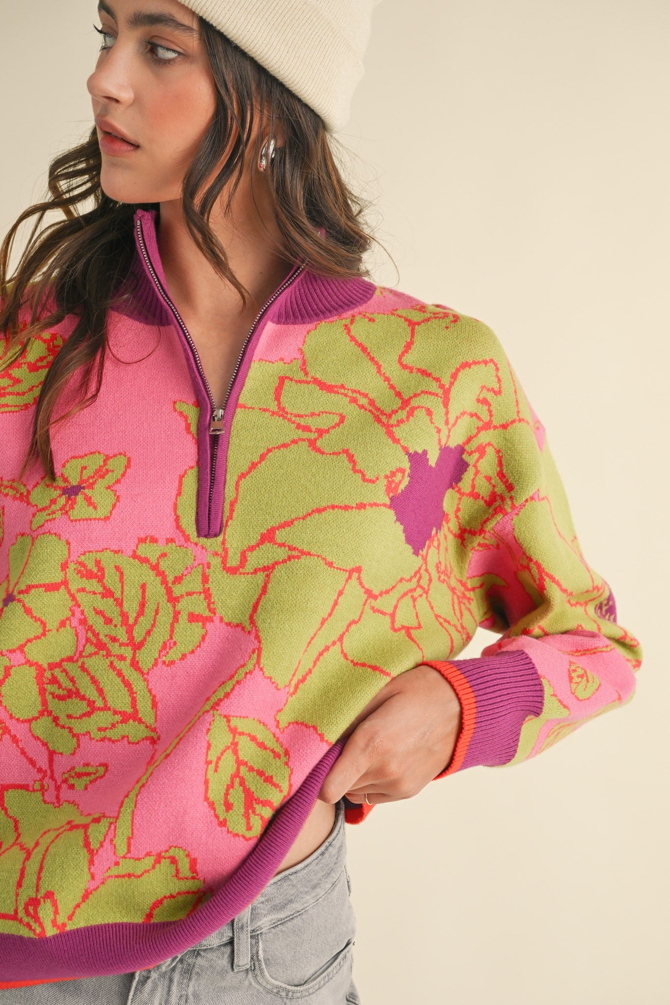 Floral Knit Mock Neck Half Zip Sweater Fuchsia Sage