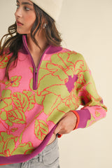 Floral Knit Mock Neck Half Zip Sweater Fuchsia Sage