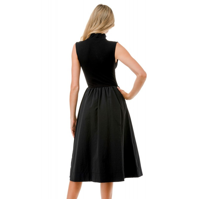 Zip Mock Neck Contrast Skirt Midi Dress