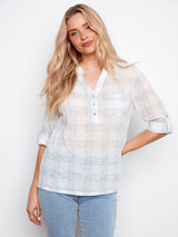 Printed Voile Half Buttoned Vneck Blouse Etched