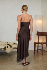 Crinkled Satin Lace Cami Dress Brown
