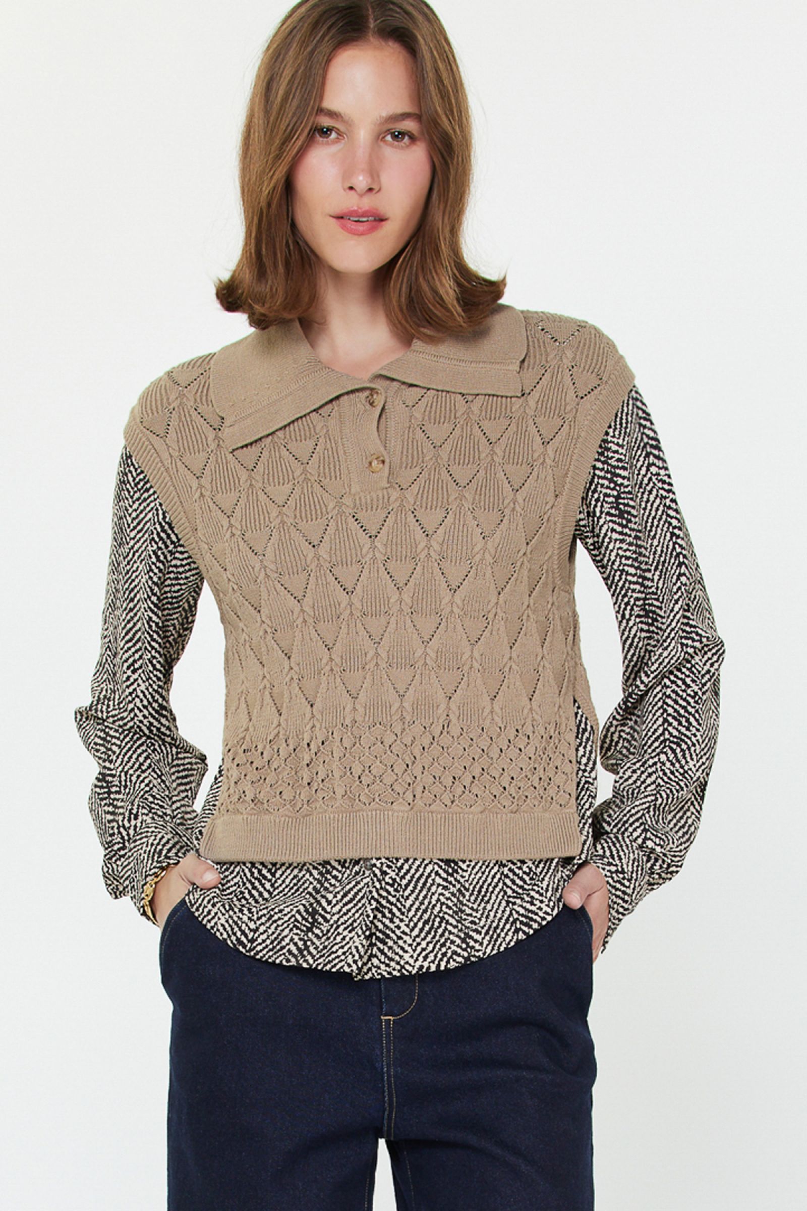 Mixed Sweater and Woven Two-fer Taupe Zebra