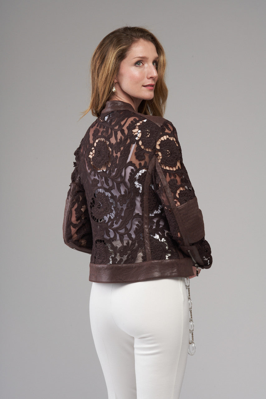 Lace Panel Leather Trim Jacket Mocha