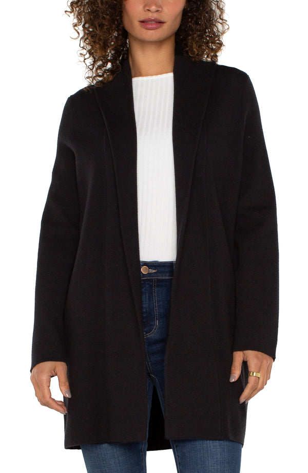 Open Front Shawl Collar Sweater Coat Black