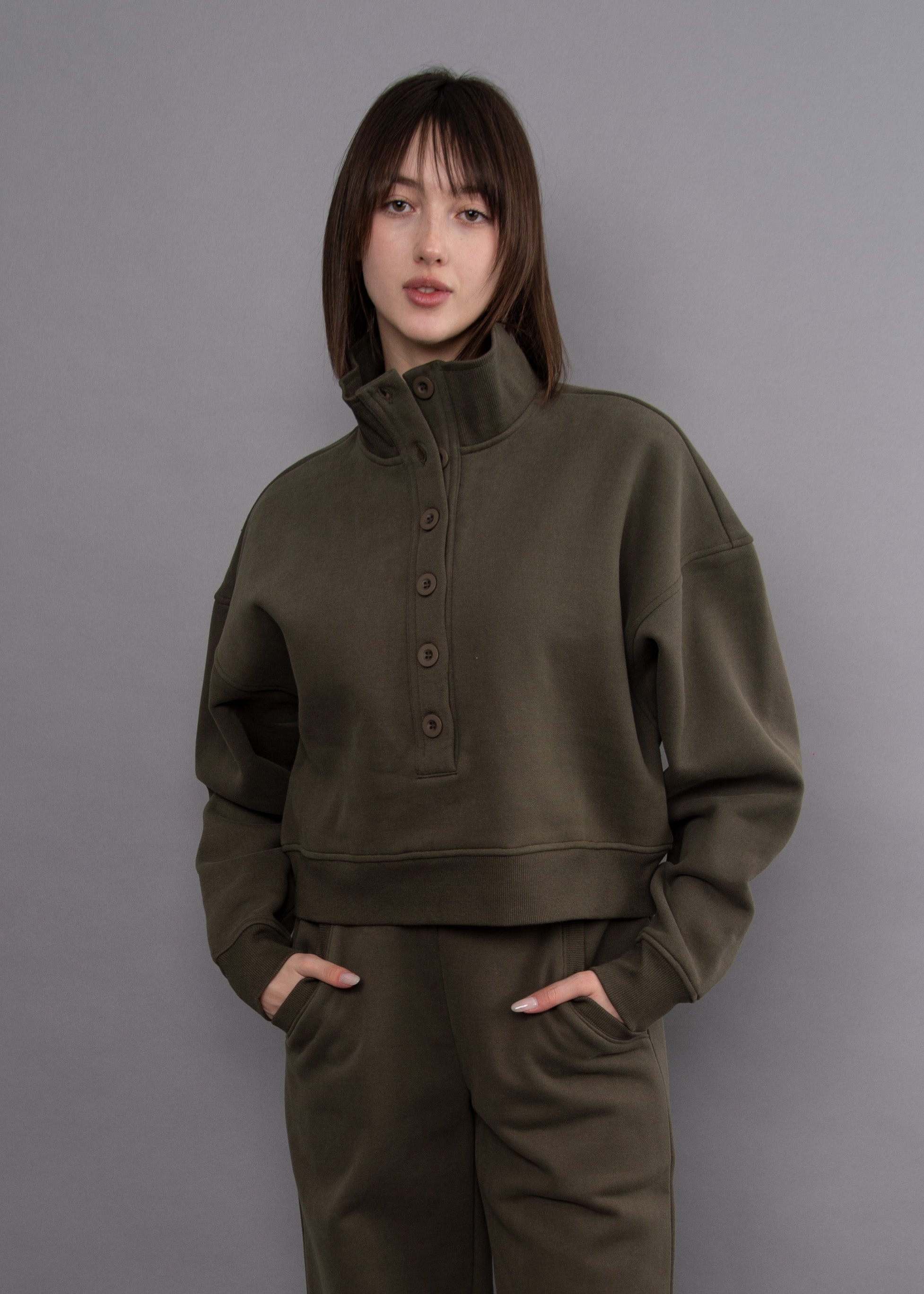Malta Fleece 1/2 Button Up Mock Neck Pullover Army Green