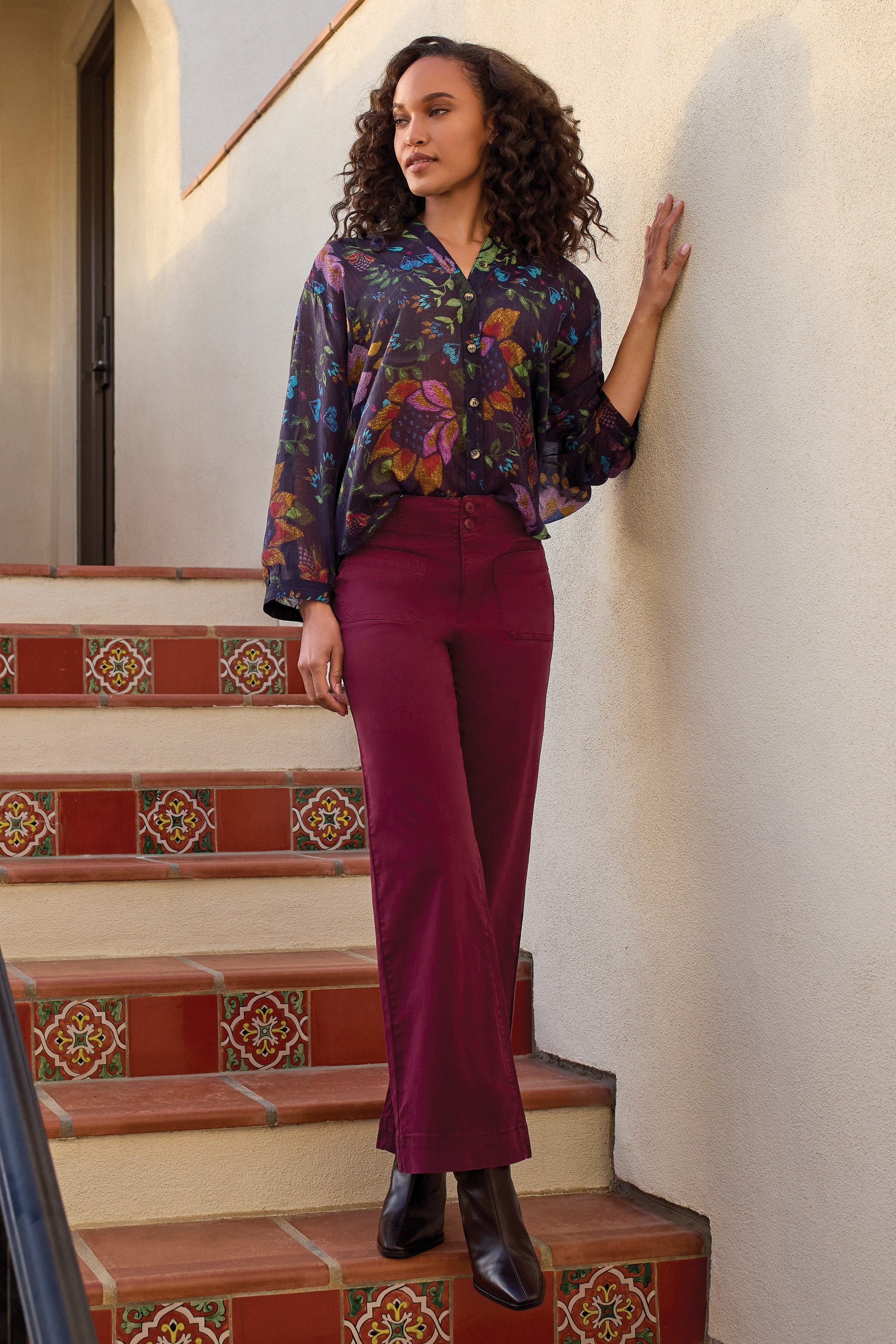 Printed Dolman Sleeve Button Down Blouse Nightfall
