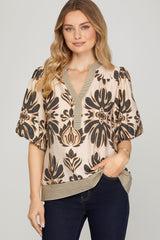 Bubble Sleeve Printed Woven Top Charcoal