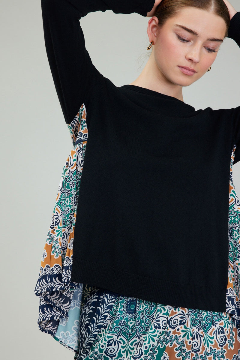 Pleated Print Back Sweater Top Green Multi