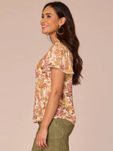 Flounce Sleeve Ruched Front Button Down Floral Top Citrine Multi