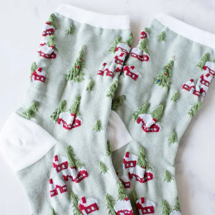 Christmas Village Socks White + Sage
