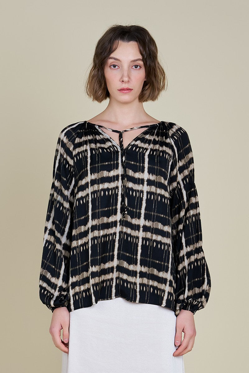 Abstract Plaid Satin Tie Neck Blouse Black