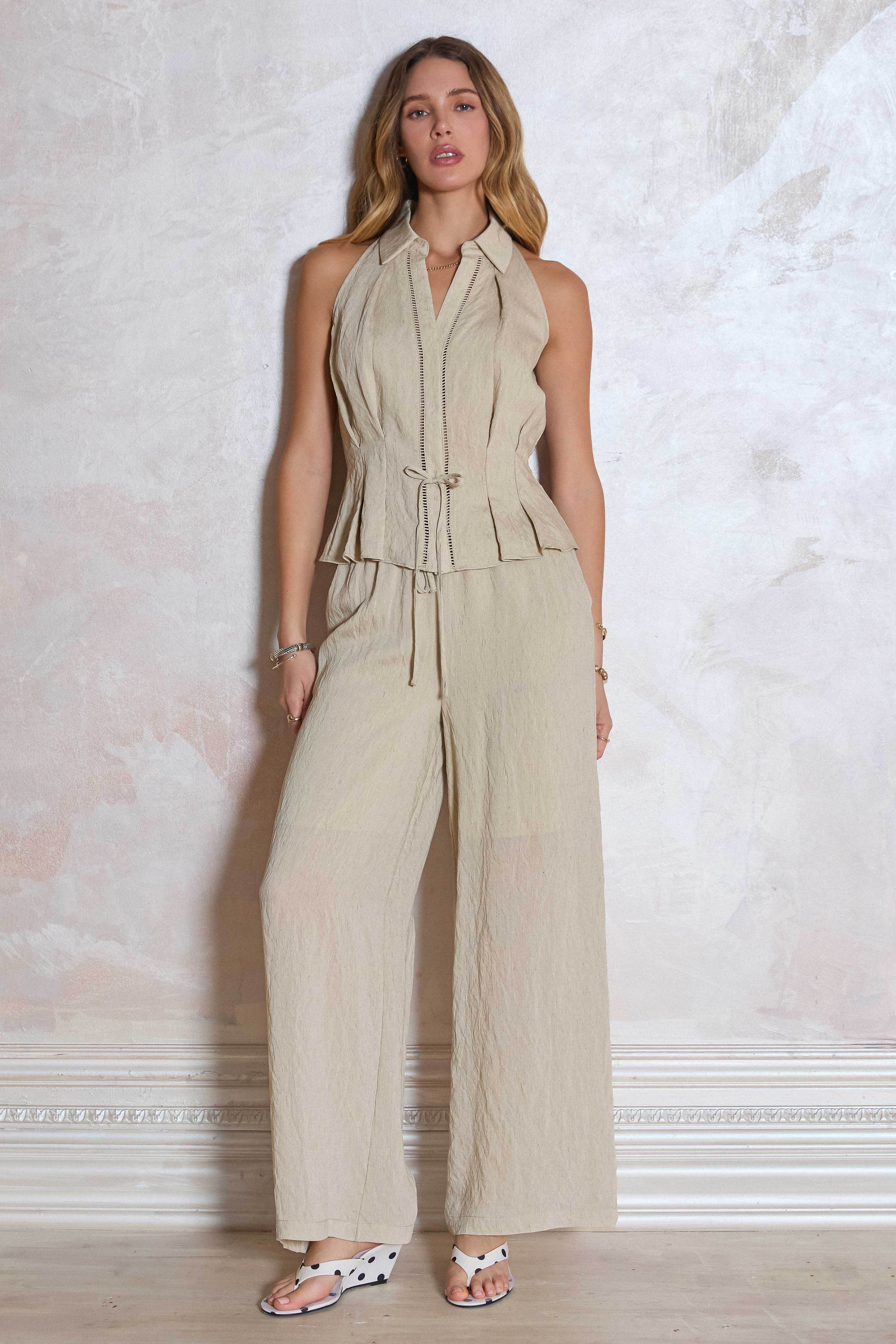 Crinkle Textured Drawstring Pants Natural