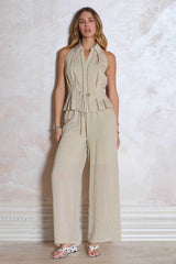 Crinkle Textured Drawstring Pants Natural