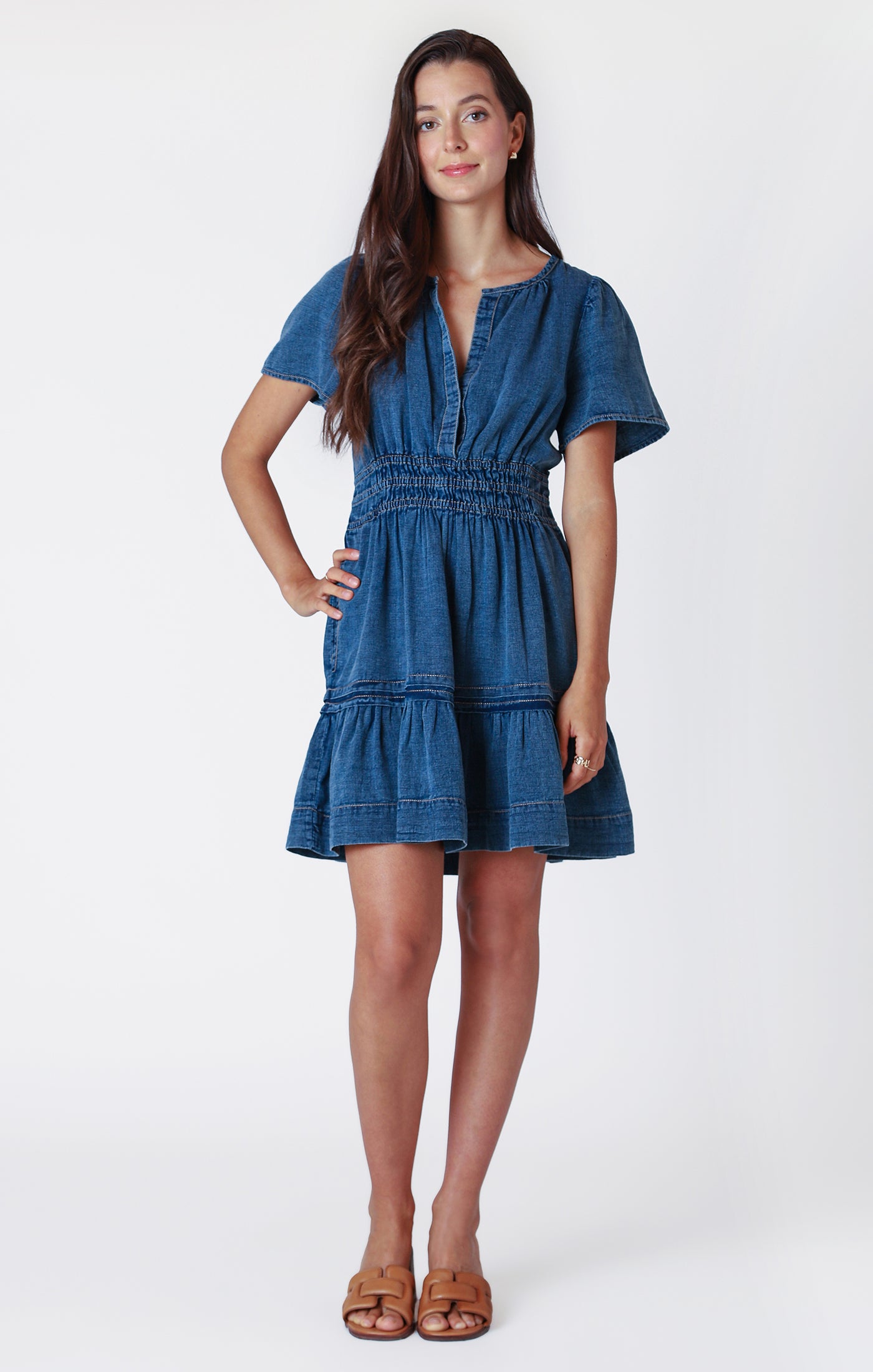 Tiered Denim Flutter Mini Dress Medium Indigo