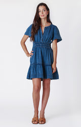 Tiered Denim Flutter Mini Dress Medium Indigo