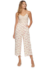 Jenny Printed Jacquard Smocked Bodice Jumpsuit Cream + Pink