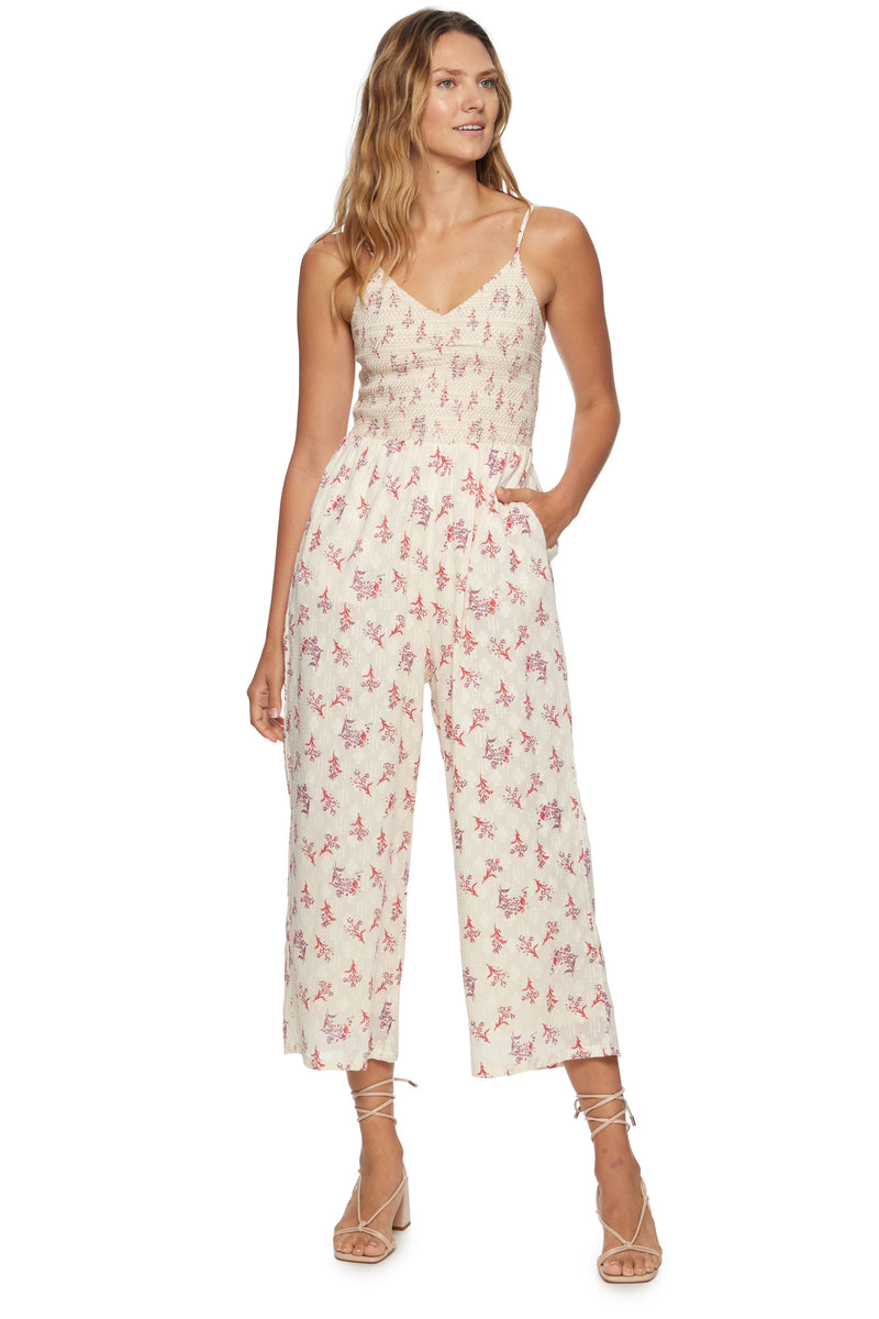 Jenny Printed Jacquard Smocked Bodice Jumpsuit