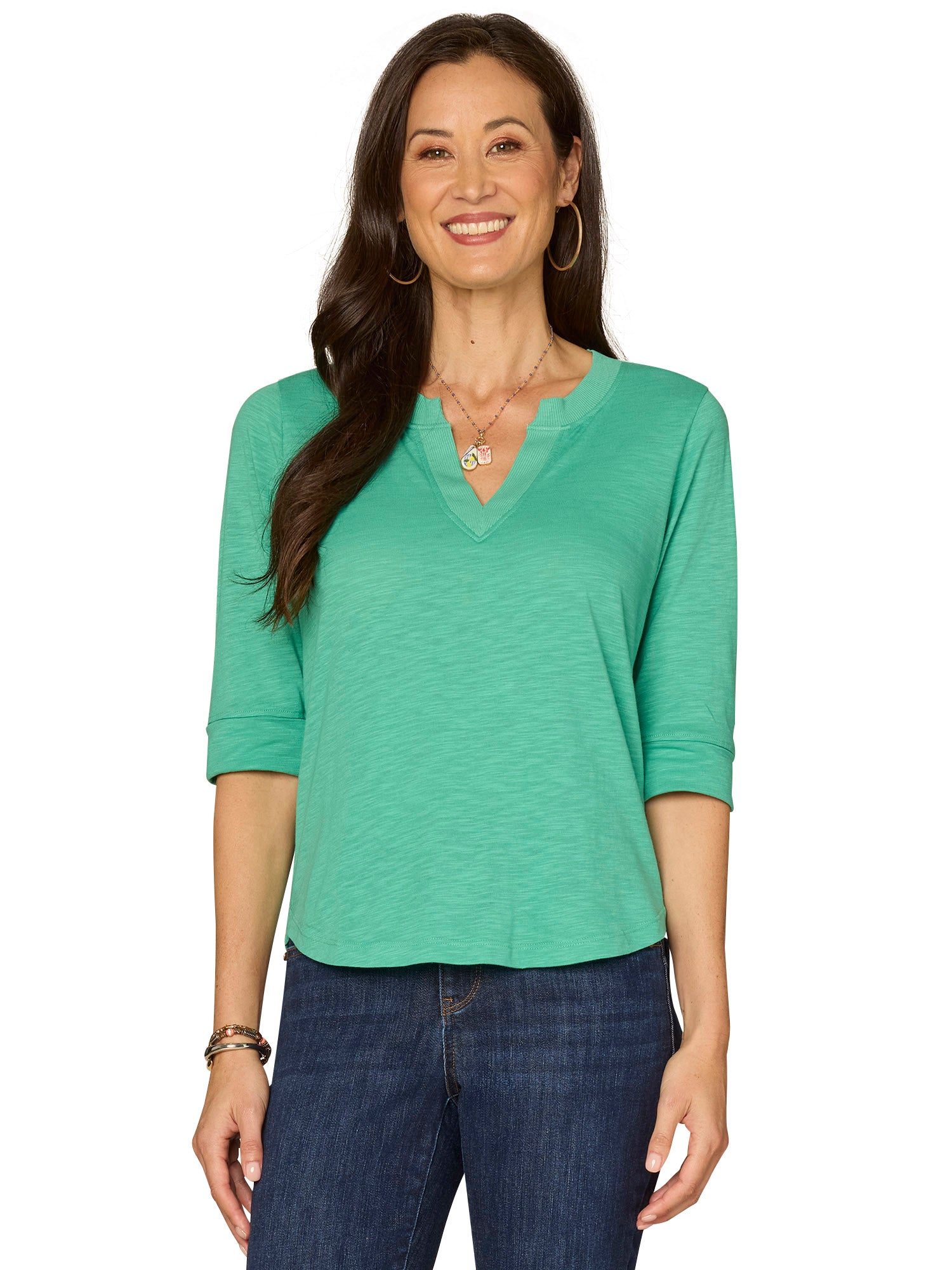 Elbow Roll Cuff Sleeve Split Neck Top Deep Jade