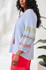Embroidered Raglan Sleeve Tassel Tie Blouse Baja Blue