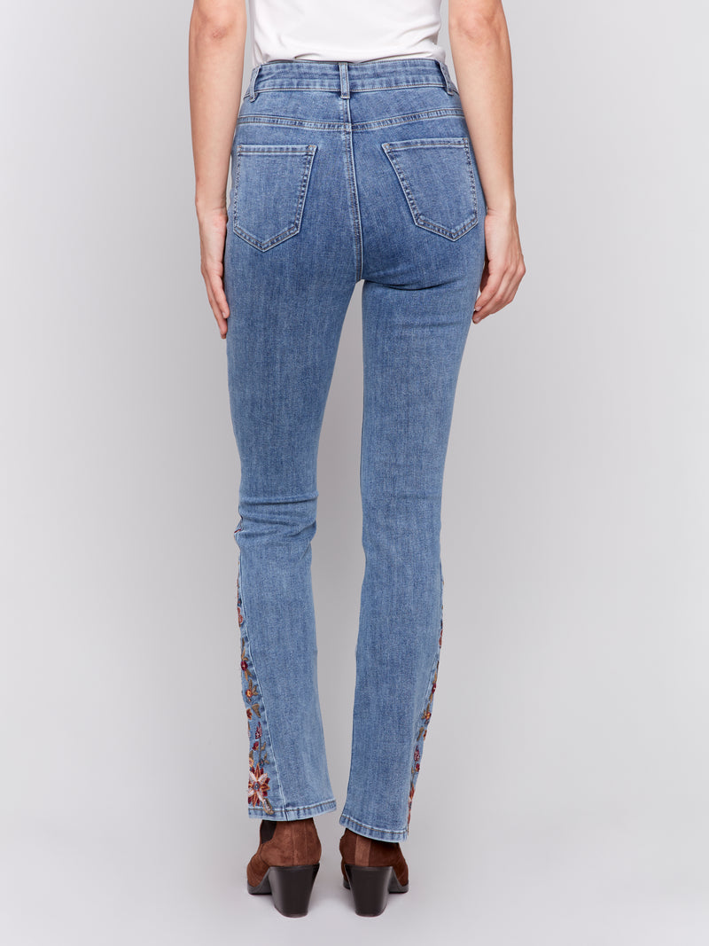 Floral Embroidered Panel Flare Jeans Medium Blue