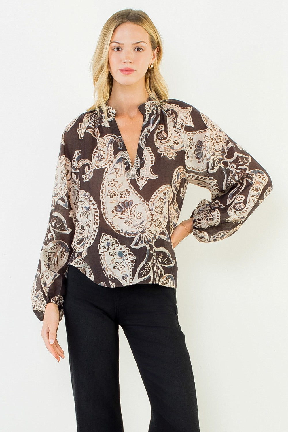 Paisley Surplice Long Sleeve Blouse Brown