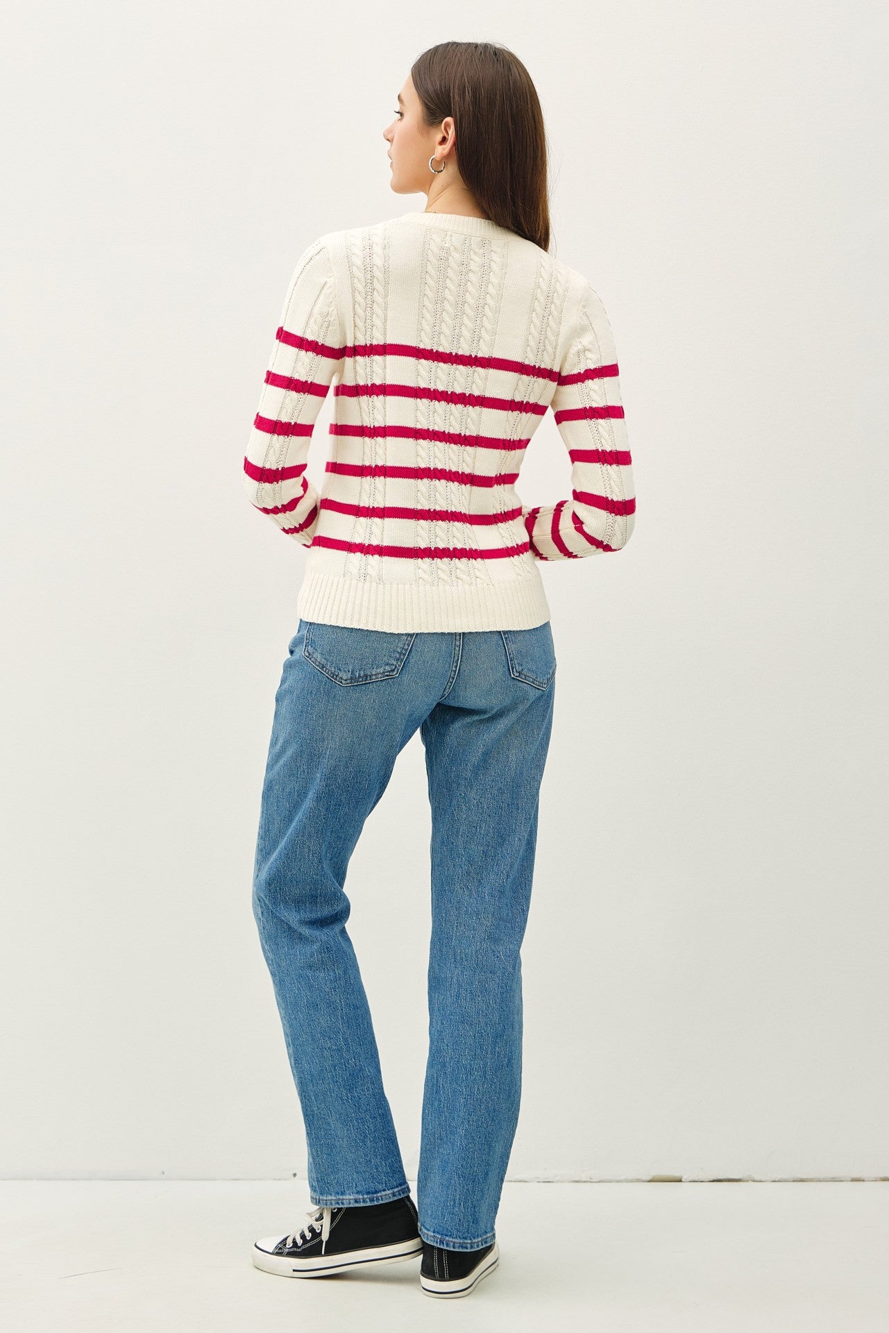 Cable Knit Striped Crew Neck Sweater Ivory + Red